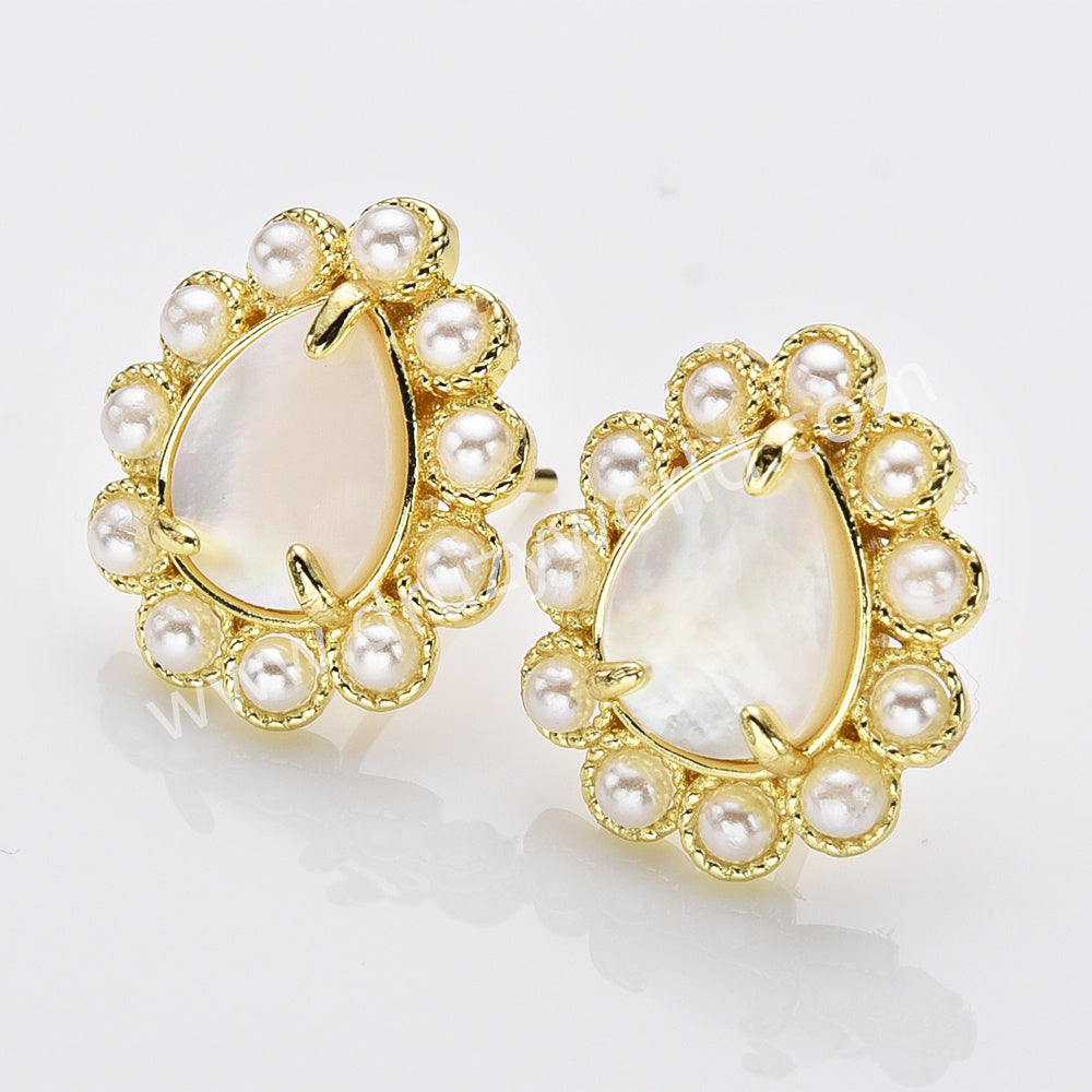 Gold Plated Claw Rainbow Natural Stones Faceted Pearl Teardrop Stud Earrings WX2244