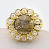 Gold Plated Claw Round Rainbow Gemstone Faceted Pearl Ring, Fashion Jewelry WX2245