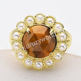 Gold Plated Claw Round Rainbow Gemstone Faceted Pearl Ring, Fashion Jewelry WX2245