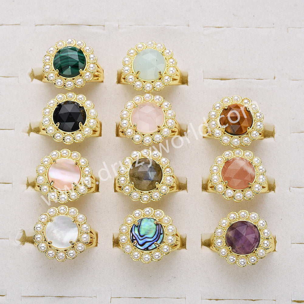 Gold Plated Claw Round Rainbow Gemstone Faceted Pearl Ring, Fashion Jewelry WX2245