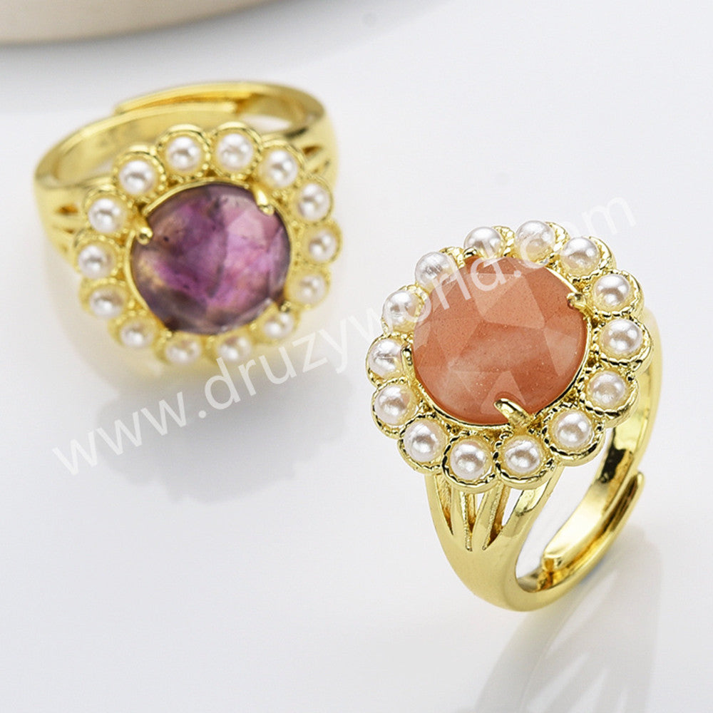 Gold Plated Claw Round Rainbow Gemstone Faceted Pearl Ring, Fashion Jewelry WX2245
