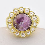 Gold Plated Claw Round Rainbow Gemstone Faceted Pearl Ring, Fashion Jewelry WX2245