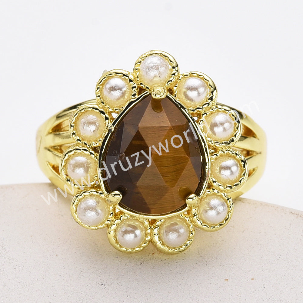 Gold Plated Claw Teardrop Rainbow Gemstone Faceted Pearl Ring, Fashion Jewelry WX2246