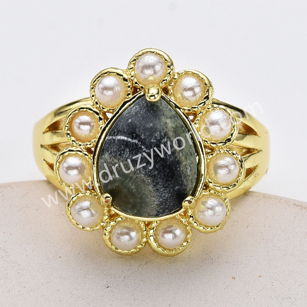 Gold Plated Claw Teardrop Rainbow Gemstone Faceted Pearl Ring, Fashion Jewelry WX2246