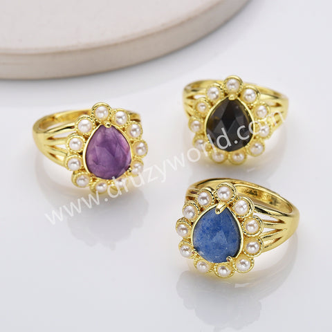 Gold Plated Claw Teardrop Rainbow Gemstone Faceted Pearl Ring, Fashion Jewelry WX2246