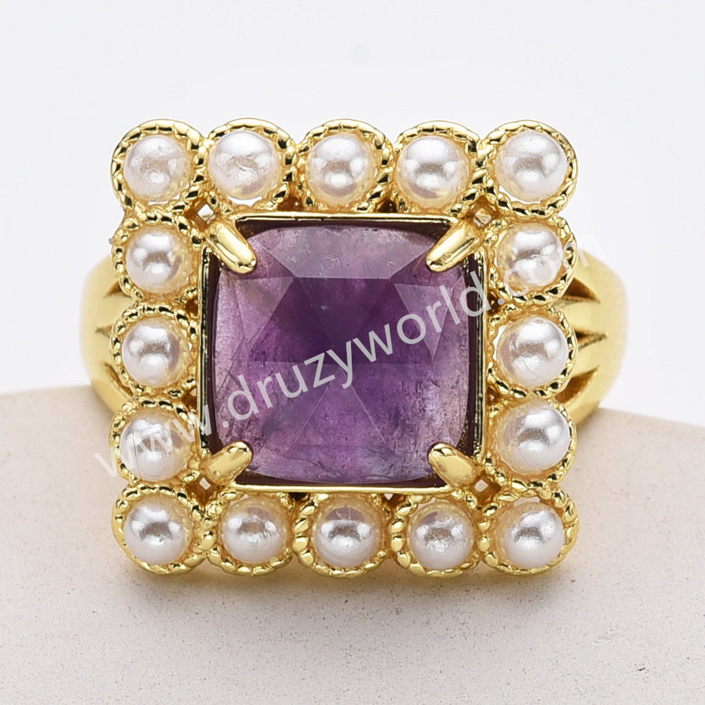 Gold Plated Claw Square Rainbow Gemstone Faceted Pearl Ring, Fashion Jewelry WX2247