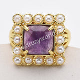 Gold Plated Claw Square Rainbow Gemstone Faceted Pearl Ring, Fashion Jewelry WX2247