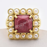 Gold Plated Claw Square Rainbow Gemstone Faceted Pearl Ring, Fashion Jewelry WX2247