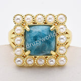 Gold Plated Claw Square Rainbow Gemstone Faceted Pearl Ring, Fashion Jewelry WX2247