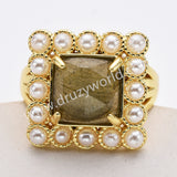 Gold Plated Claw Square Rainbow Gemstone Faceted Pearl Ring, Fashion Jewelry WX2247