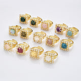 Gold Plated Claw Square Rainbow Gemstone Faceted Pearl Ring, Fashion Jewelry WX2247