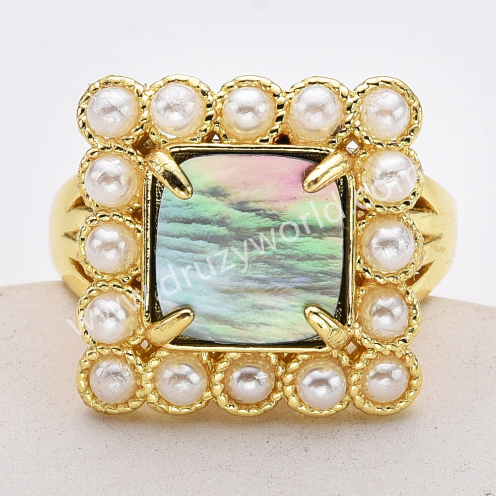 Gold Plated Claw Square Rainbow Gemstone Faceted Pearl Ring, Fashion Jewelry WX2247