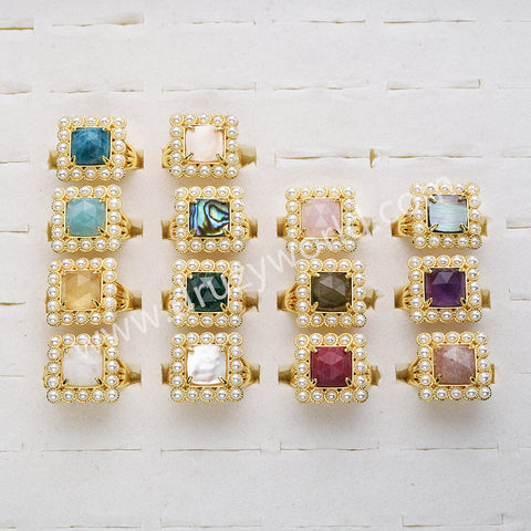 Gold Plated Claw Square Rainbow Gemstone Faceted Pearl Ring, Fashion Jewelry WX2247