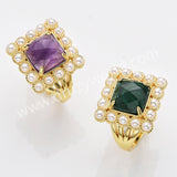 Gold Plated Claw Square Rainbow Gemstone Faceted Pearl Ring, Fashion Jewelry WX2247