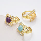 Gold Plated Claw Square Rainbow Gemstone Faceted Pearl Ring, Fashion Jewelry WX2247