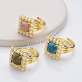 Gold Plated Claw Square Rainbow Gemstone Faceted Pearl Ring, Fashion Jewelry WX2247