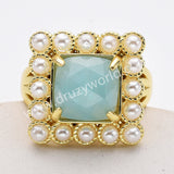 Gold Plated Claw Square Rainbow Gemstone Faceted Pearl Ring, Fashion Jewelry WX2247