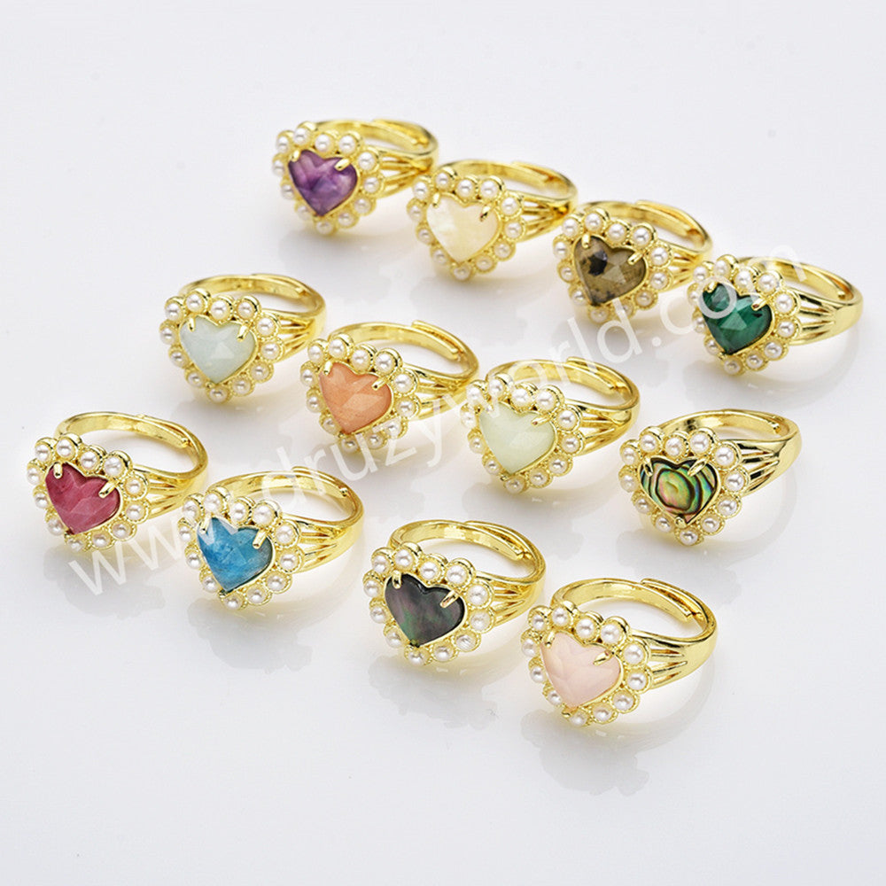 Gold Plated Claw Rainbow Gemstone Faceted Heart Pearl Ring, Fashion Jewelry WX2248