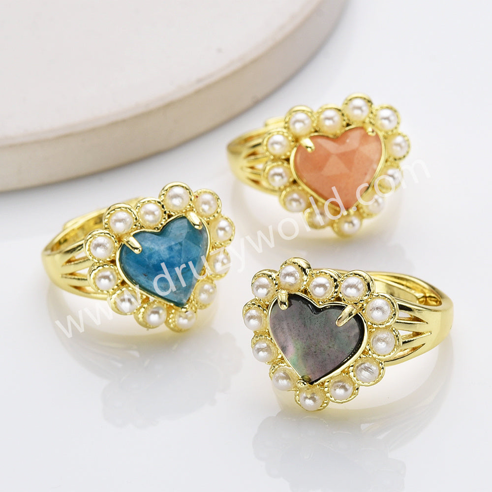 Gold Plated Claw Rainbow Gemstone Faceted Heart Pearl Ring, Fashion Jewelry WX2248