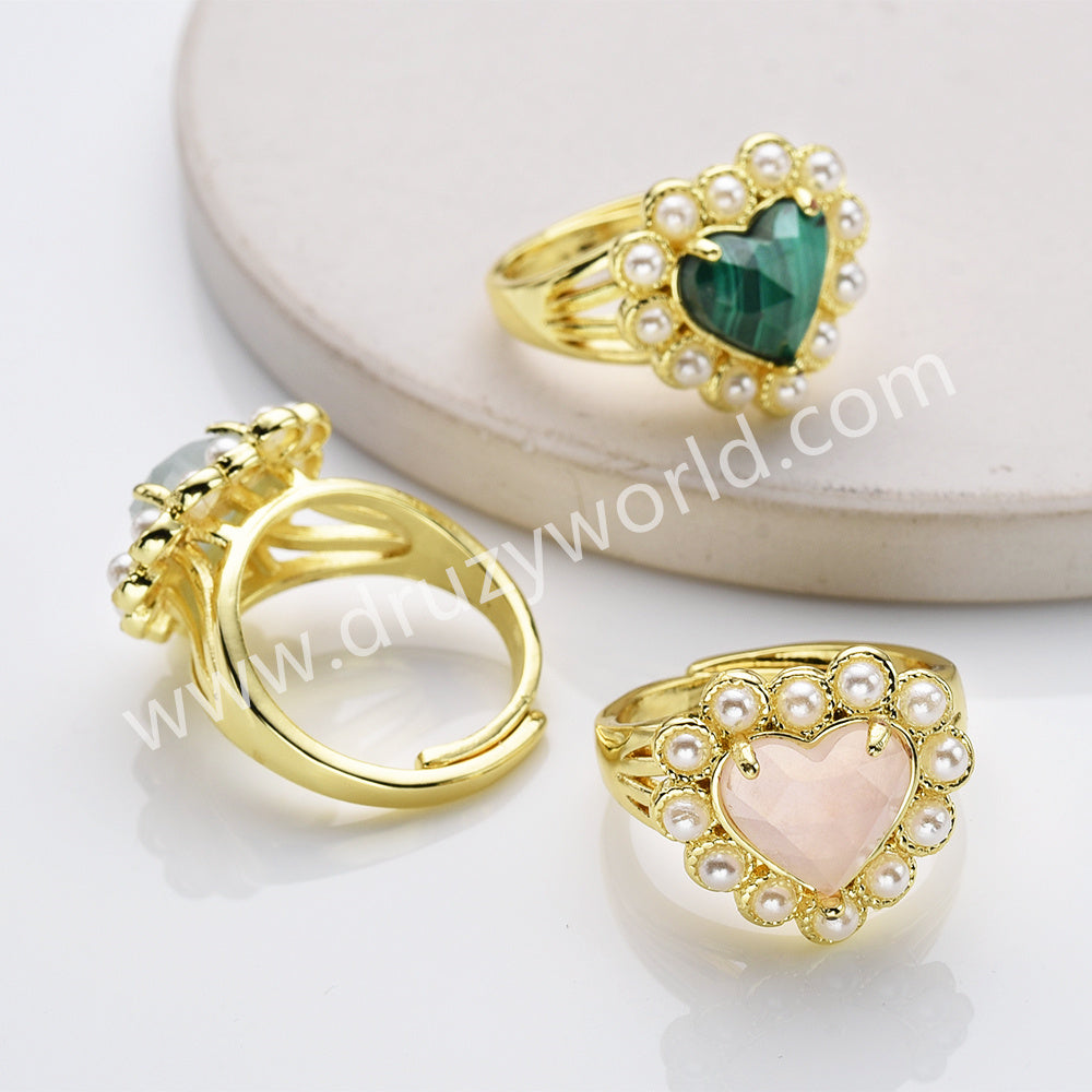 Gold Plated Claw Rainbow Gemstone Faceted Heart Pearl Ring, Fashion Jewelry WX2248