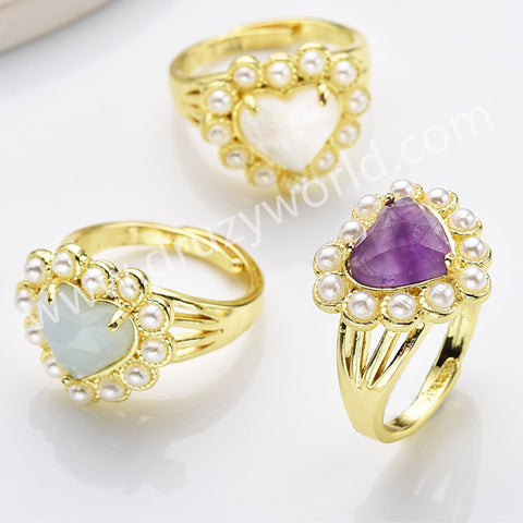 Gold Plated Claw Rainbow Gemstone Faceted Heart Pearl Ring, Fashion Jewelry WX2248