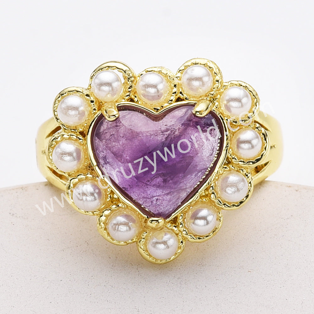 Gold Plated Claw Rainbow Gemstone Faceted Heart Pearl Ring, Fashion Jewelry WX2248