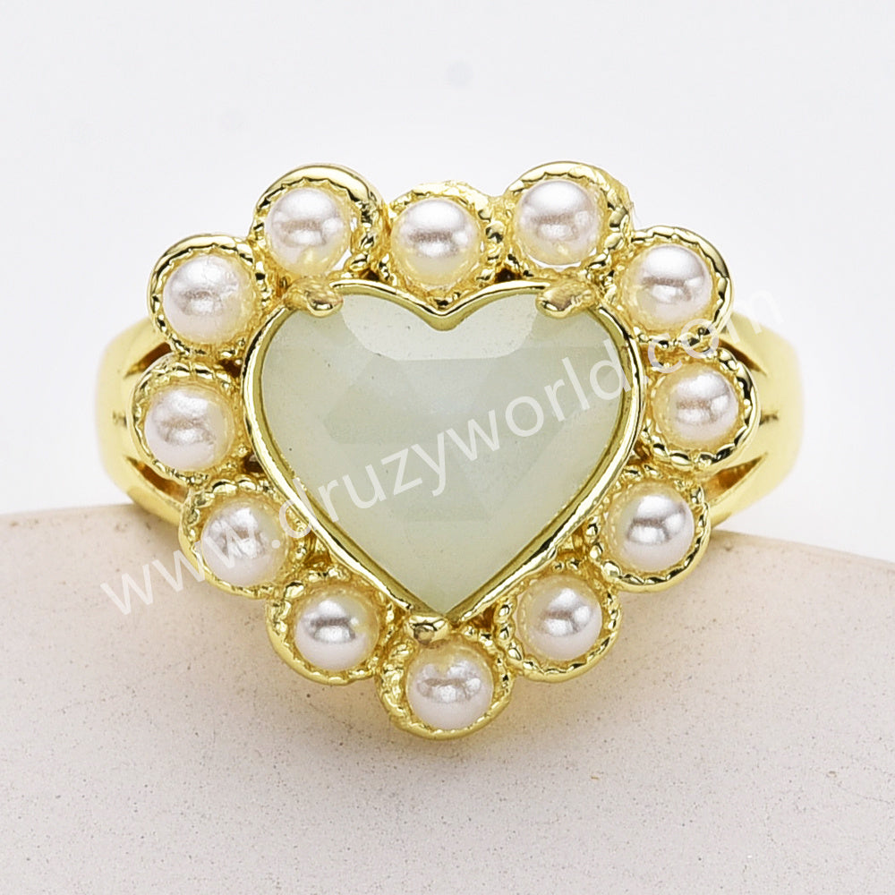 Gold Plated Claw Rainbow Gemstone Faceted Heart Pearl Ring, Fashion Jewelry WX2248