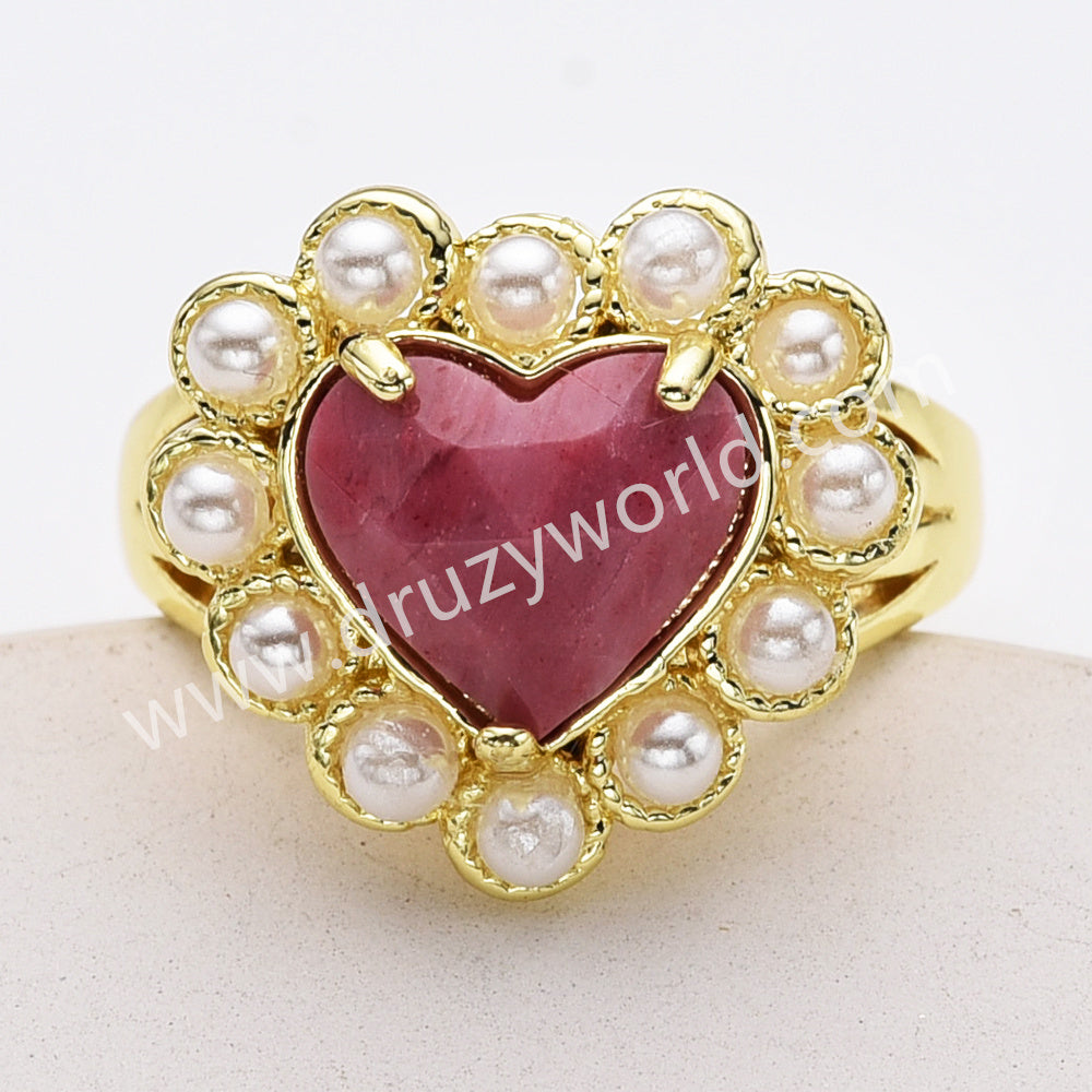 Gold Plated Claw Rainbow Gemstone Faceted Heart Pearl Ring, Fashion Jewelry WX2248