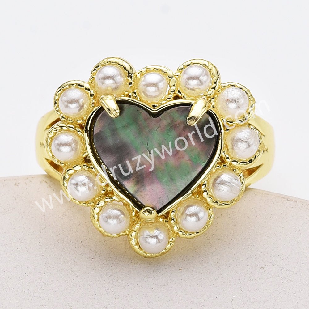 Gold Plated Claw Rainbow Gemstone Faceted Heart Pearl Ring, Fashion Jewelry WX2248