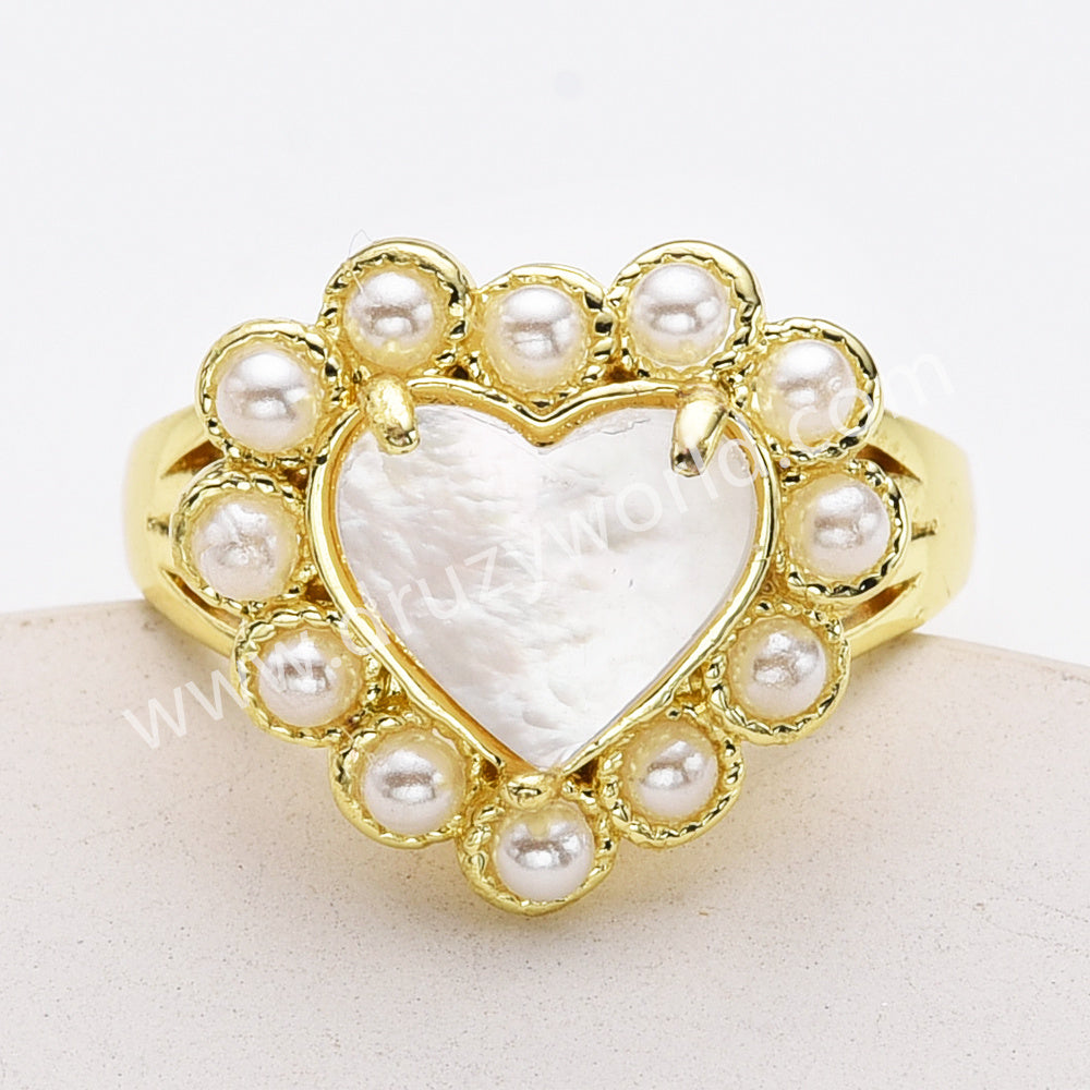 Gold Plated Claw Rainbow Gemstone Faceted Heart Pearl Ring, Fashion Jewelry WX2248