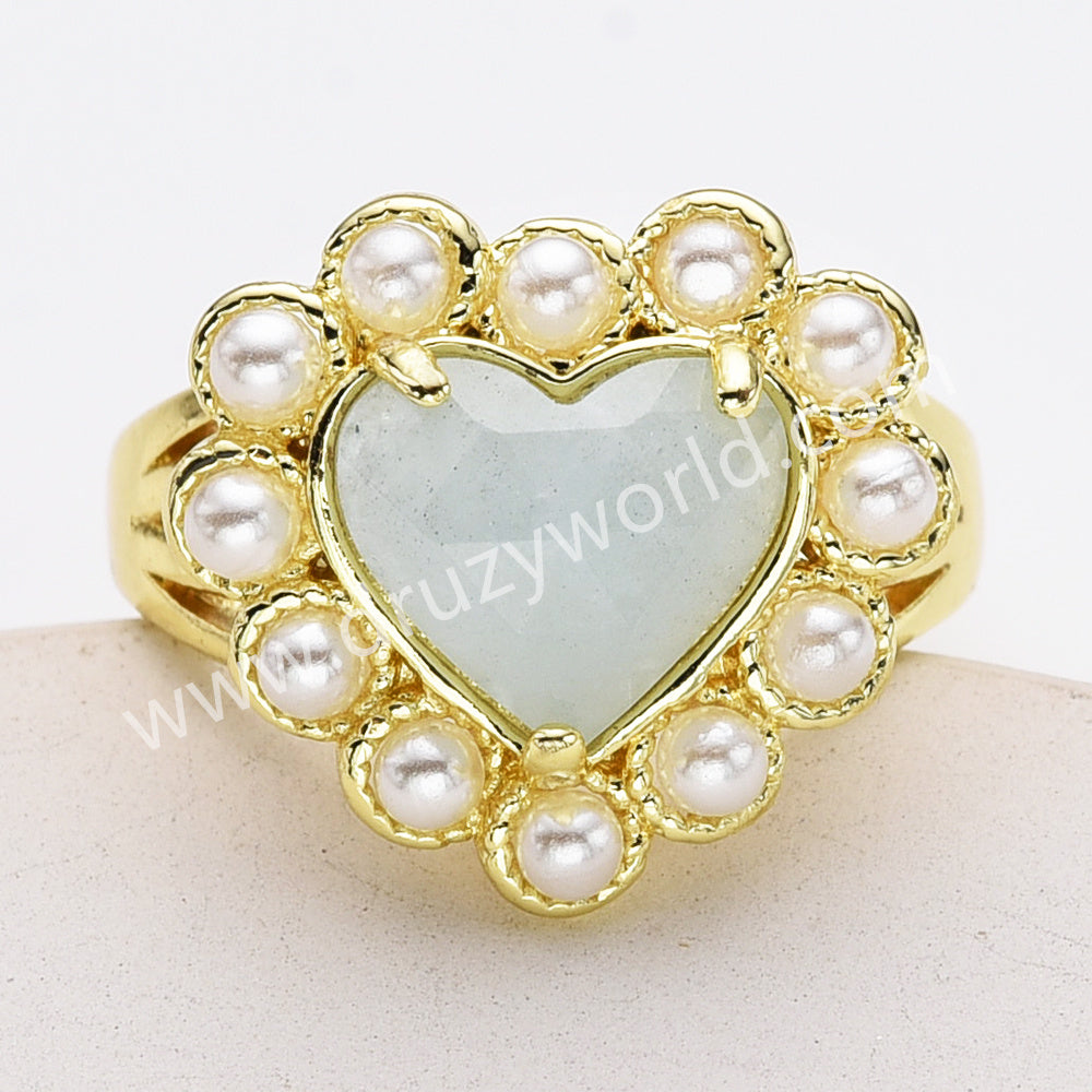 Gold Plated Claw Rainbow Gemstone Faceted Heart Pearl Ring, Fashion Jewelry WX2248