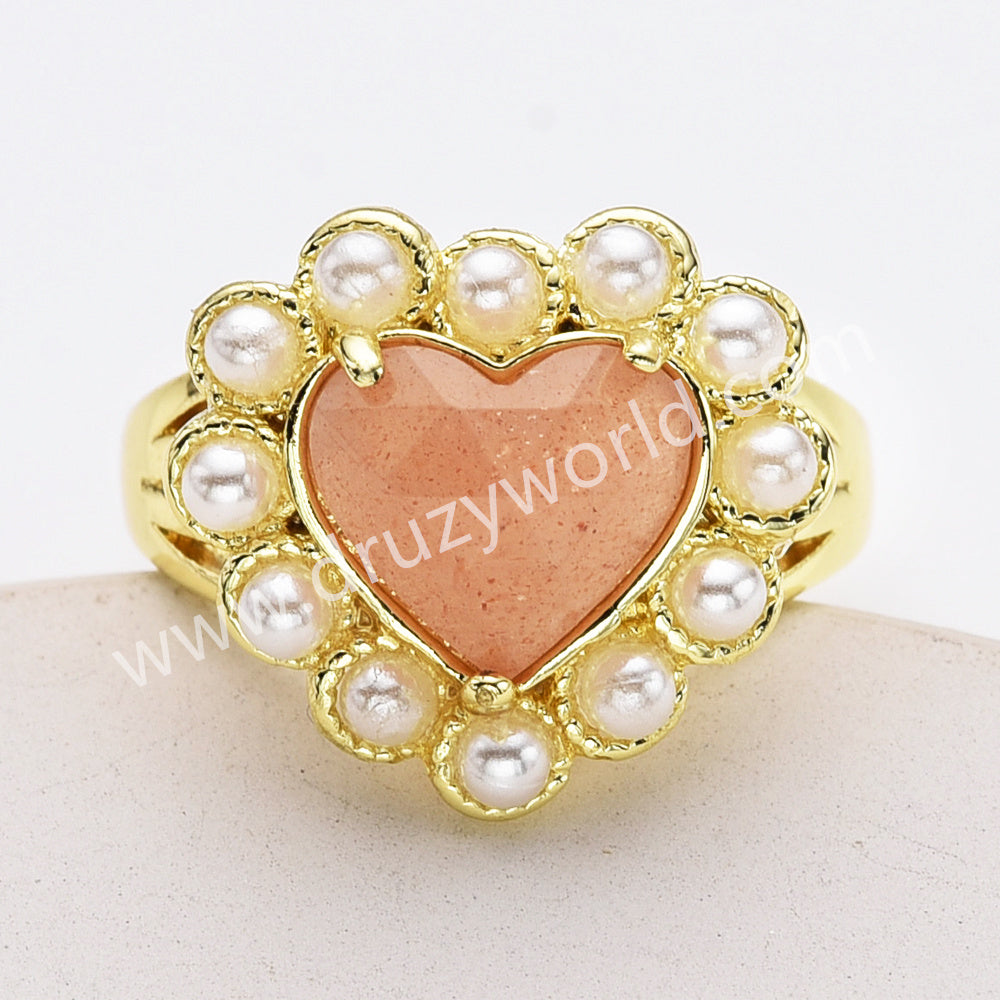 Gold Plated Claw Rainbow Gemstone Faceted Heart Pearl Ring, Fashion Jewelry WX2248