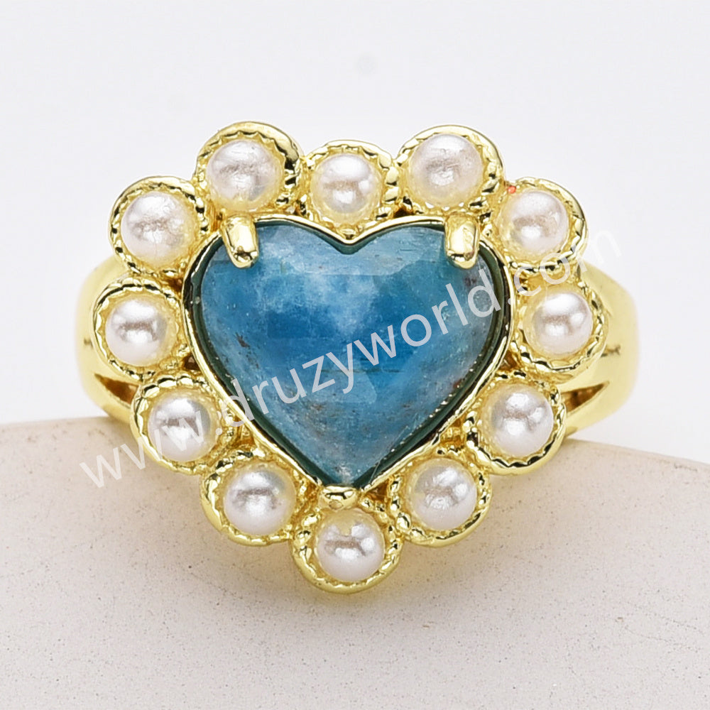 Gold Plated Claw Rainbow Gemstone Faceted Heart Pearl Ring, Fashion Jewelry WX2248