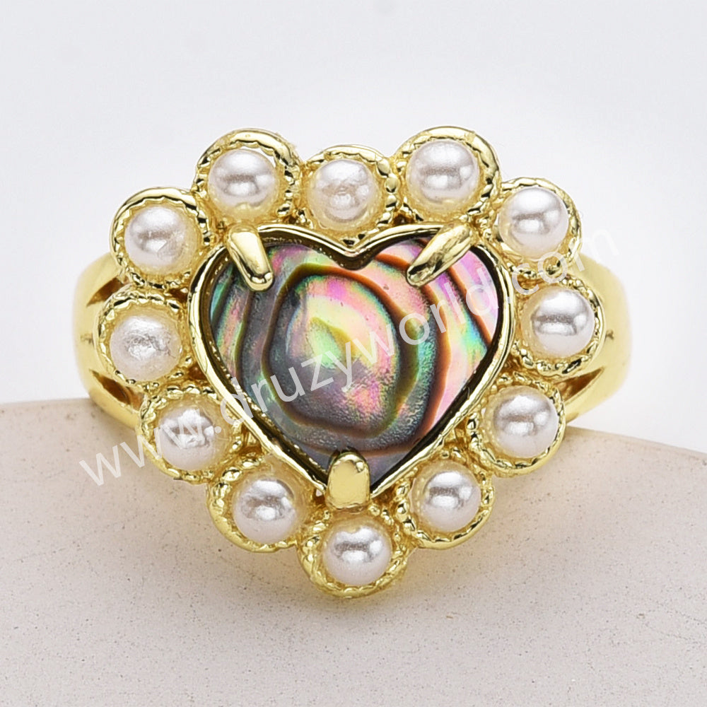 Gold Plated Claw Rainbow Gemstone Faceted Heart Pearl Ring, Fashion Jewelry WX2248