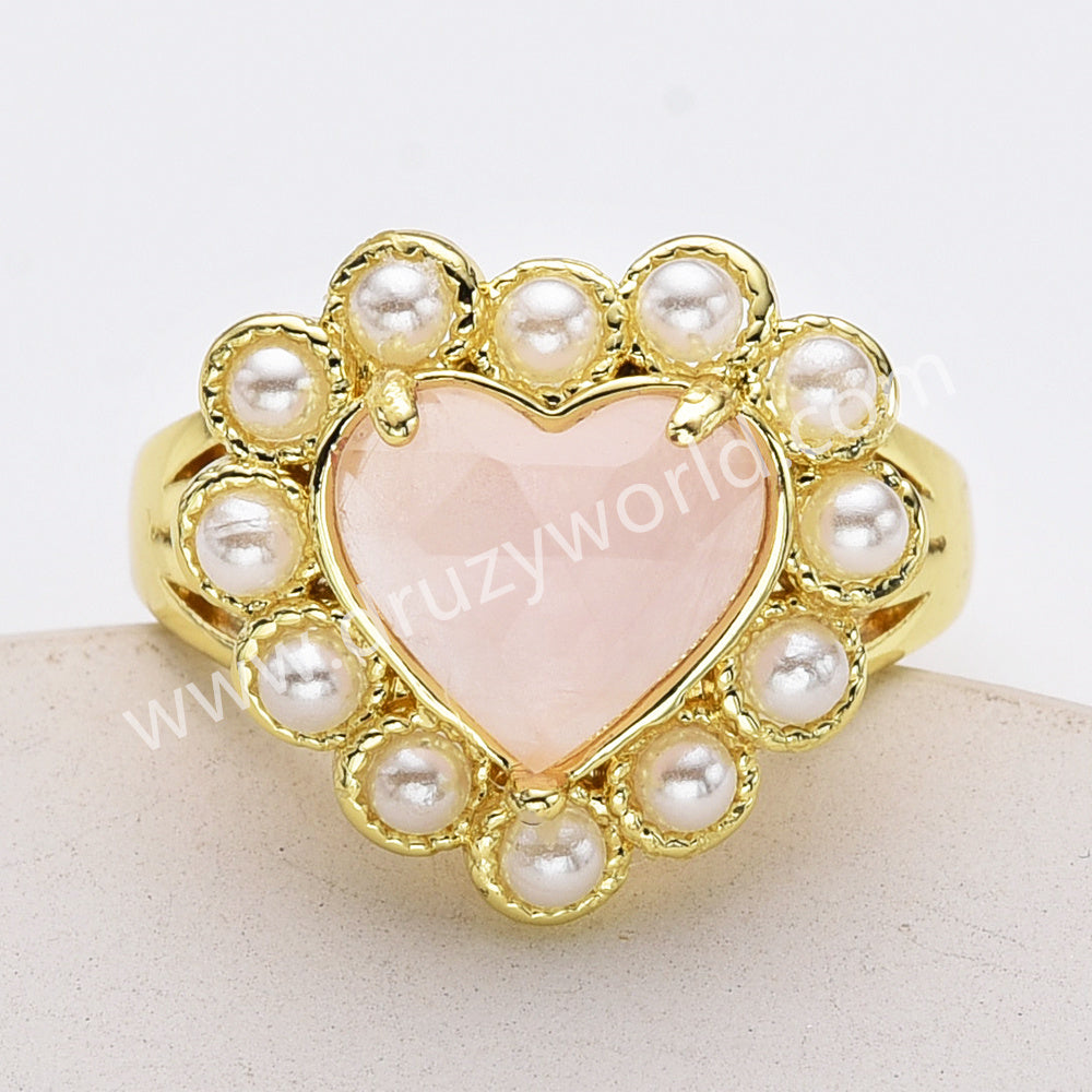 Gold Plated Claw Rainbow Gemstone Faceted Heart Pearl Ring, Fashion Jewelry WX2248