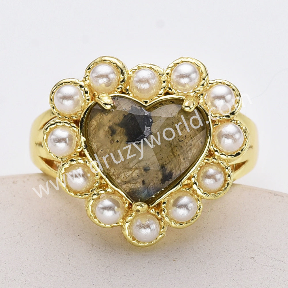 Gold Plated Claw Rainbow Gemstone Faceted Heart Pearl Ring, Fashion Jewelry WX2248