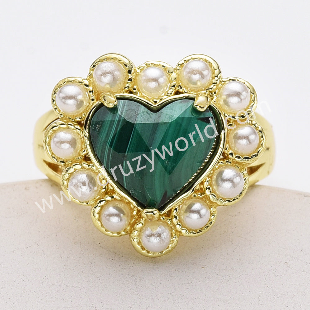 Gold Plated Claw Rainbow Gemstone Faceted Heart Pearl Ring, Fashion Jewelry WX2248