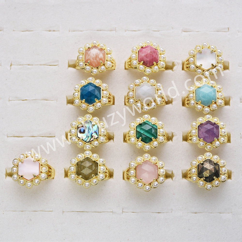 Gold Plated Claw Faceted Hexagon Rainbow Gemstone Pearl Ring, Fashion Jewelry WX2249