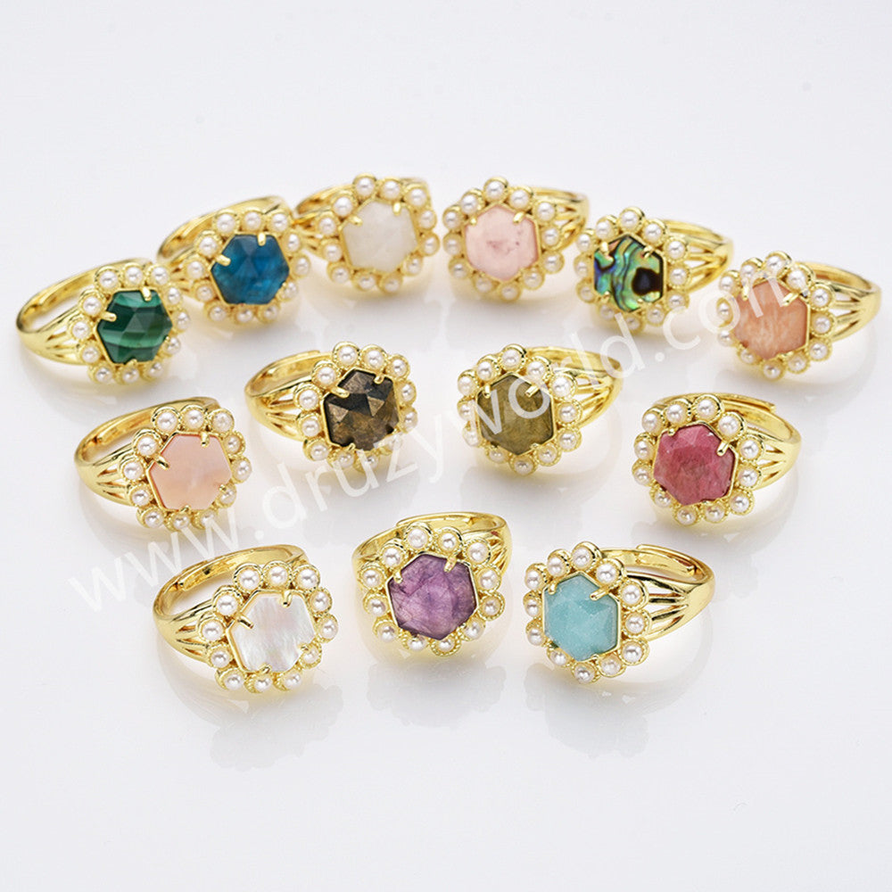 Gold Plated Claw Faceted Hexagon Rainbow Gemstone Pearl Ring, Fashion Jewelry WX2249