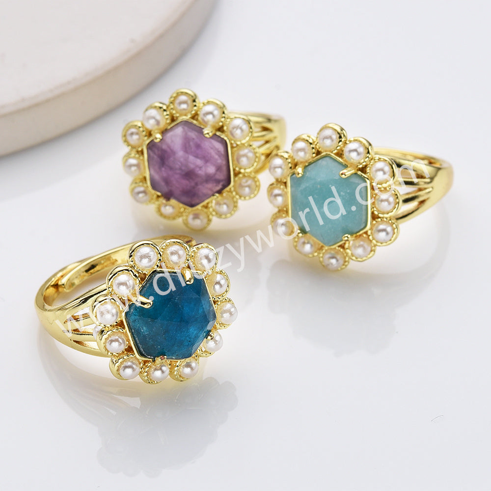 Gold Plated Claw Faceted Hexagon Rainbow Gemstone Pearl Ring, Fashion Jewelry WX2249