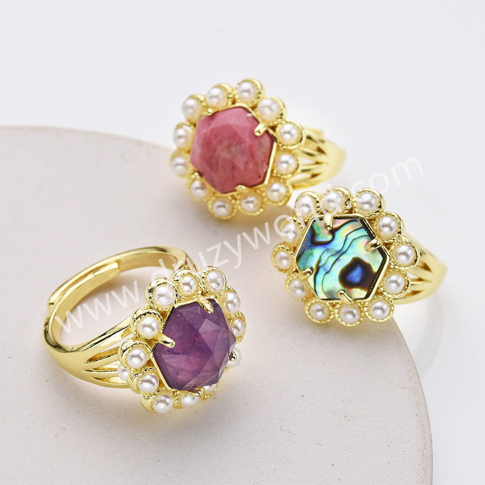 Gold Plated Claw Faceted Hexagon Rainbow Gemstone Pearl Ring, Fashion Jewelry WX2249