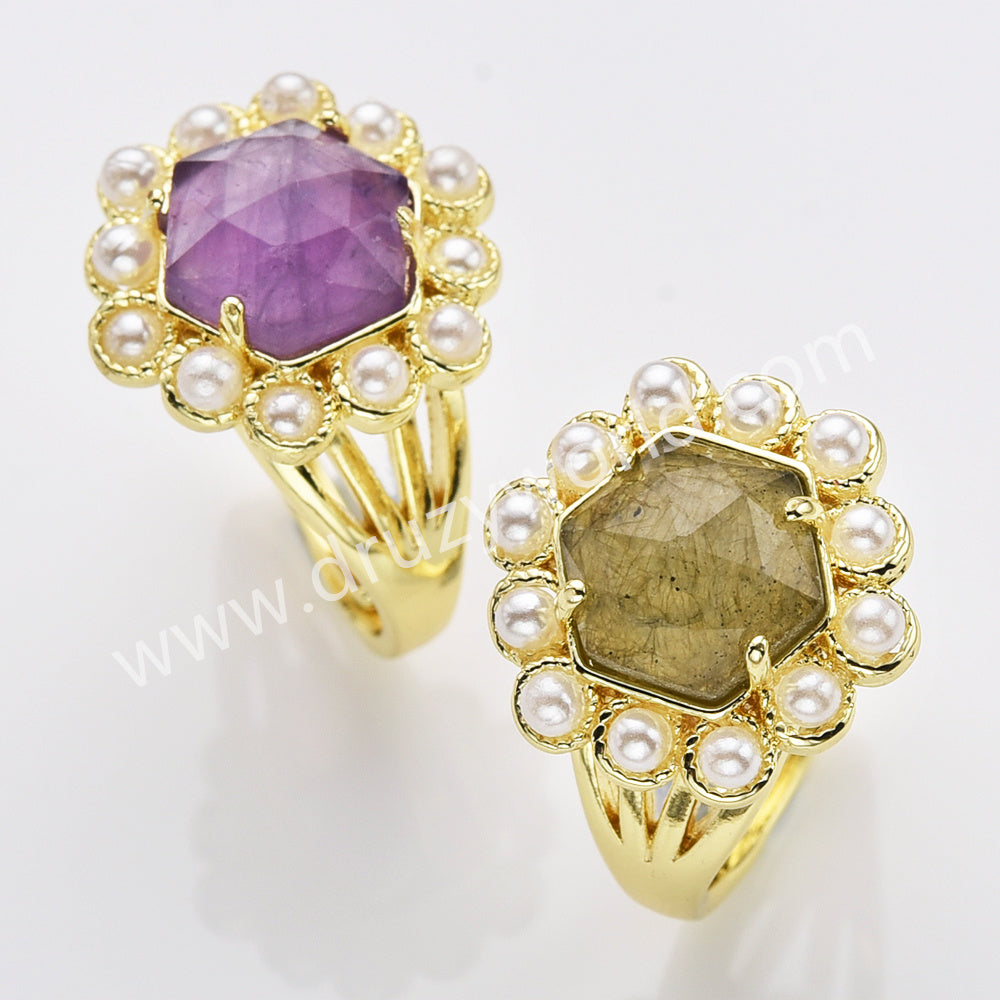 Gold Plated Claw Faceted Hexagon Rainbow Gemstone Pearl Ring, Fashion Jewelry WX2249