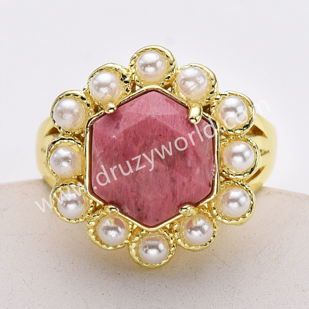 Gold Plated Claw Faceted Hexagon Rainbow Gemstone Pearl Ring, Fashion Jewelry WX2249