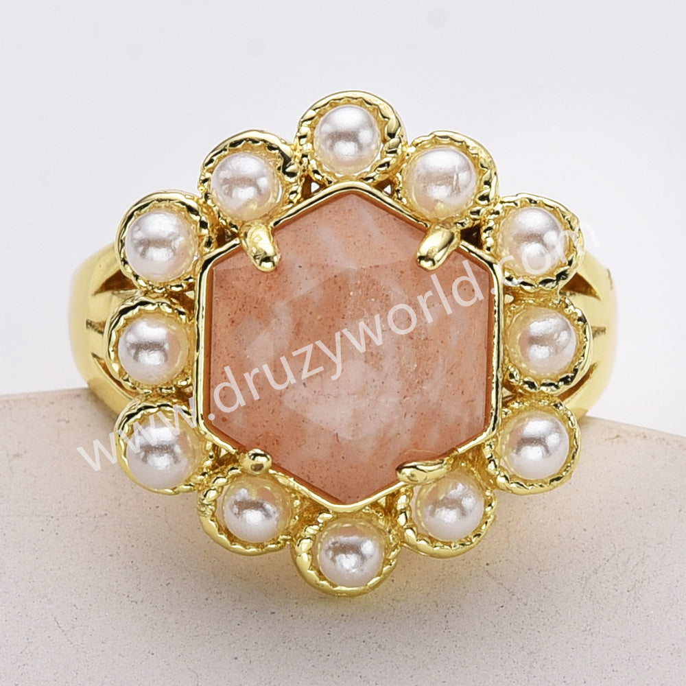 Gold Plated Claw Faceted Hexagon Rainbow Gemstone Pearl Ring, Fashion Jewelry WX2249