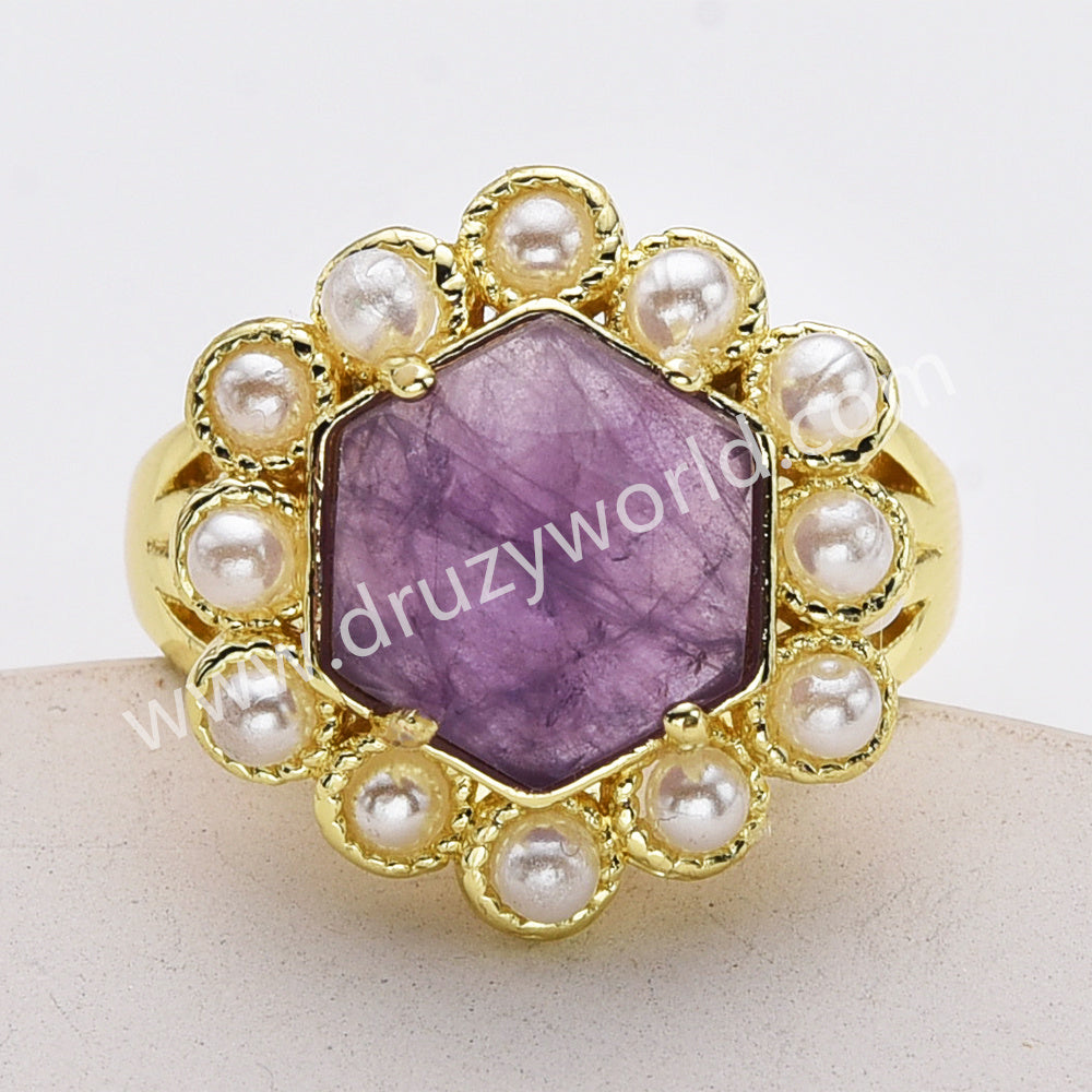 Gold Plated Claw Faceted Hexagon Rainbow Gemstone Pearl Ring, Fashion Jewelry WX2249