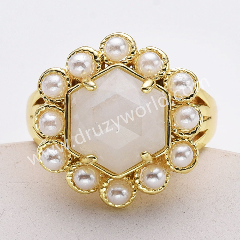 Gold Plated Claw Faceted Hexagon Rainbow Gemstone Pearl Ring, Fashion Jewelry WX2249