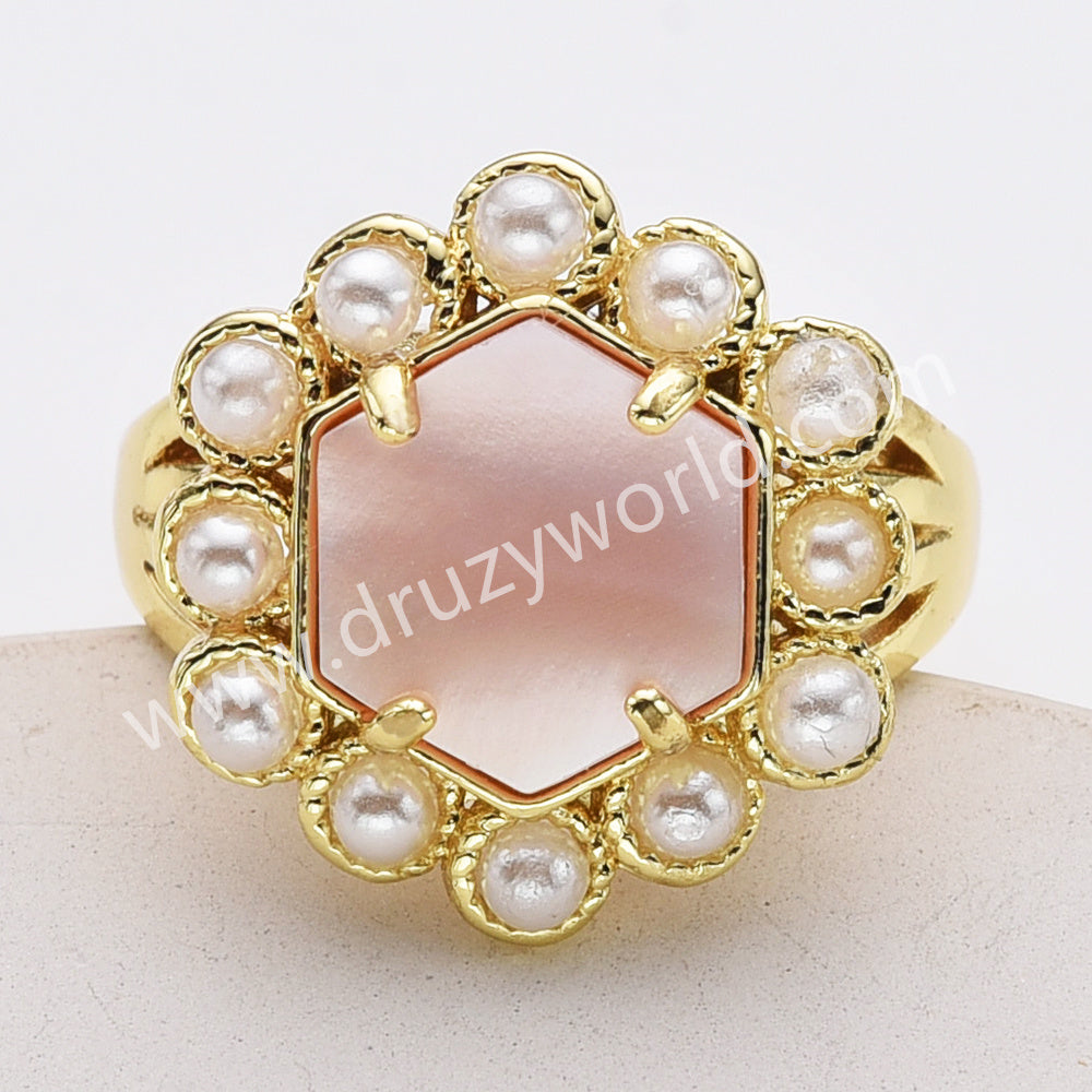 Gold Plated Claw Faceted Hexagon Rainbow Gemstone Pearl Ring, Fashion Jewelry WX2249