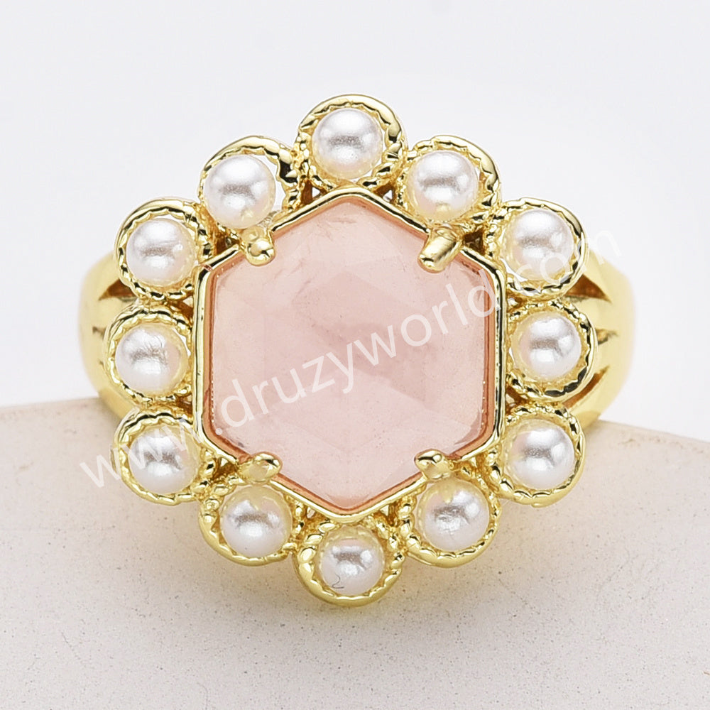 Gold Plated Claw Faceted Hexagon Rainbow Gemstone Pearl Ring, Fashion Jewelry WX2249