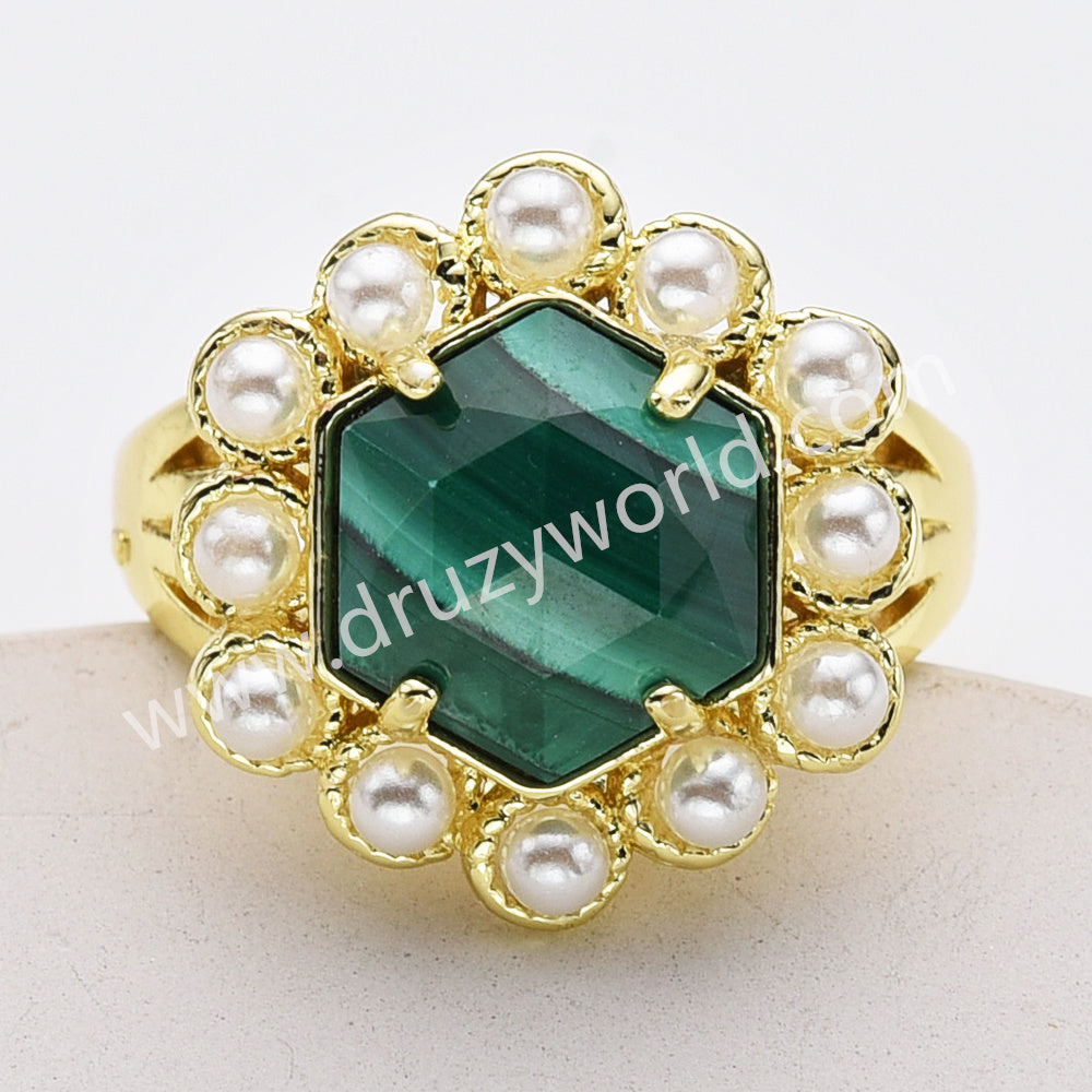 Gold Plated Claw Faceted Hexagon Rainbow Gemstone Pearl Ring, Fashion Jewelry WX2249