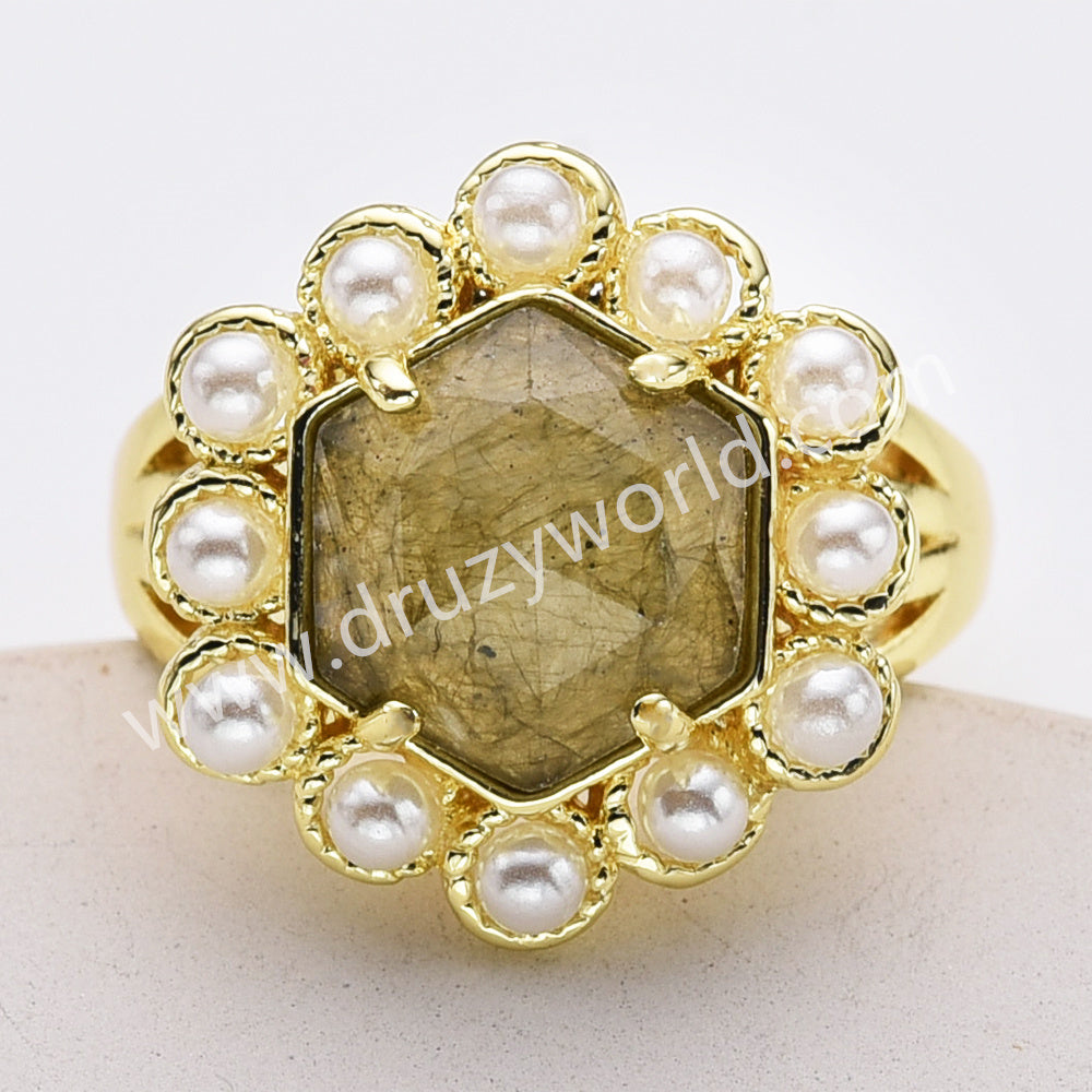 Gold Plated Claw Faceted Hexagon Rainbow Gemstone Pearl Ring, Fashion Jewelry WX2249